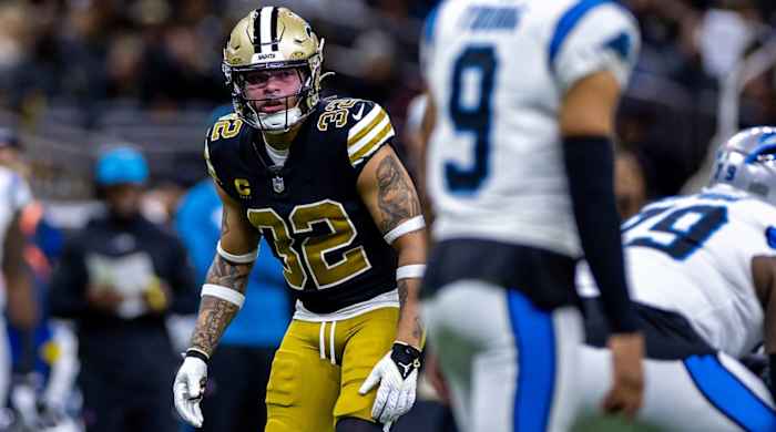 Saints defensive back Tyrann Mathieu looks at the quarterback before a snap during a game vs. the Panthers.